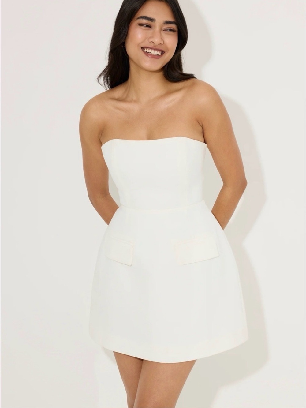 Odd Muse white strapless mini dress features structured faux flap pockets, XS